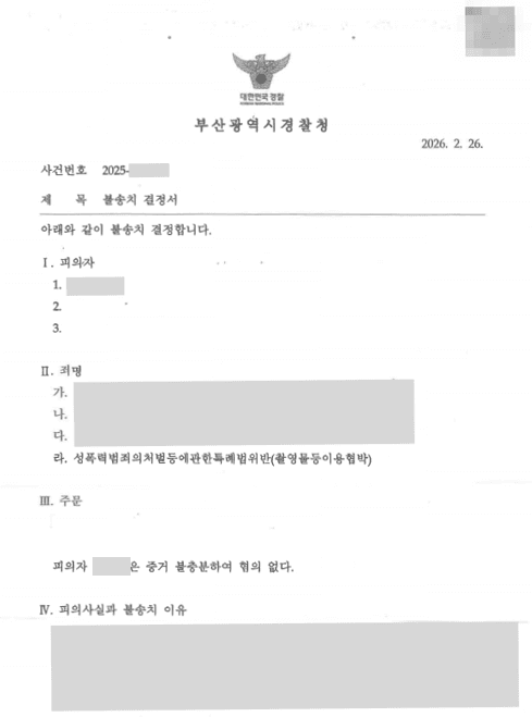 촬영물등이용협박 혐의, 경찰 단계에서 불송치(혐의없음) 결정