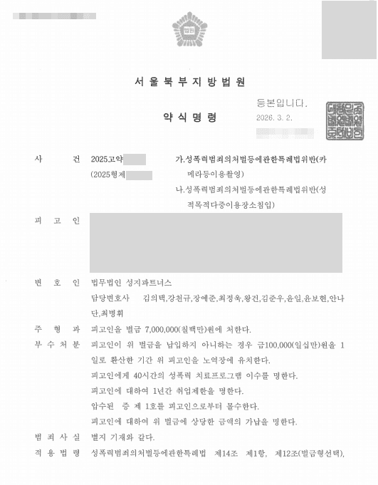 성적 목적으로 공용화장실에 침입해 여성들의 용변 장면을 촬영한 사건, 벌금 700만 원 약식명령