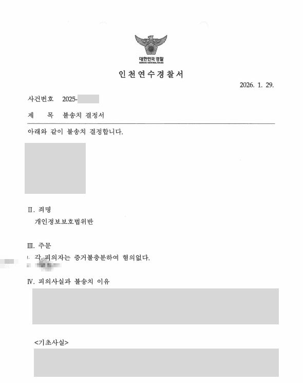 계약 업무 과정에서 보관한 개인정보 서류, 무단 이용 혐의로 고소된 사건, 불송치 결정