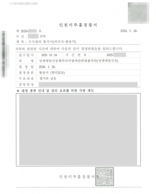 성매매알선 혐의로 조사받던 의뢰인, 혐의점 인정되지 않아 불송치